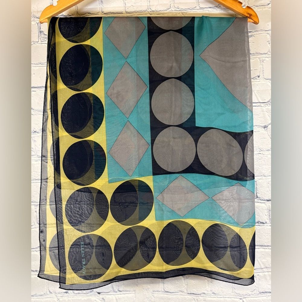 Ellen Tracy Navy Teal Chartreuse Geo Mid Century Modern Sheer Casual Scarf